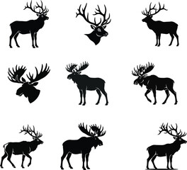 Fototapeta premium Collection of deer and moose silhouettes showcasing various antler styles and animal poses for outdoors theme