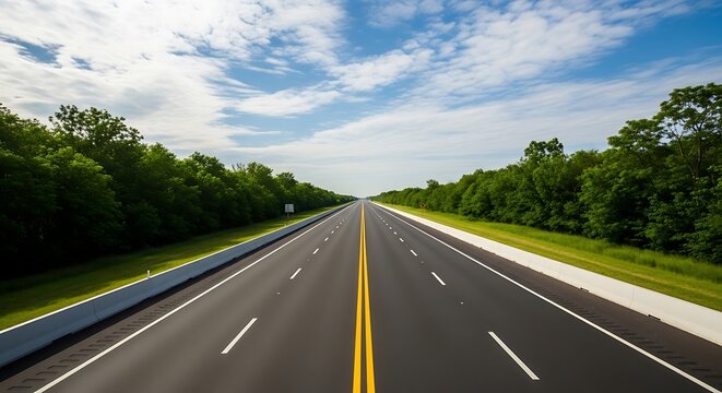 Empty highway road stretching into the distance with green trees