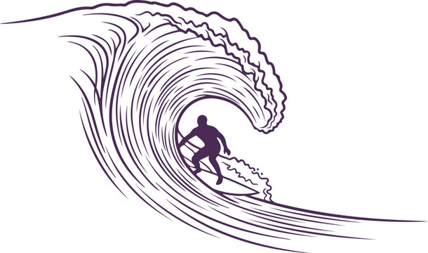 Surfer riding big ocean wave silhouette performing extreme sport in ocean water for surfing advertisement and poster design.