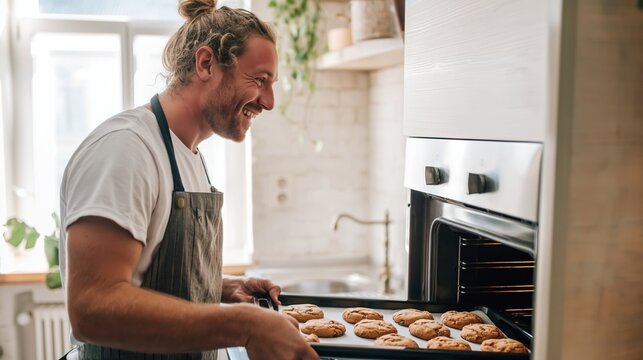 Cooking Delight: A Man in a Kitchen, Preparing Fresh Baked Cookies