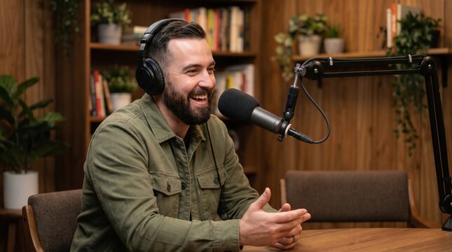Man smiling and recording podcast in studio with microphone and headphone