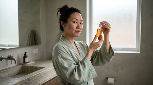 Woman with acne holding skincare serum bottle in bathroom, wearing robe near window with natural light and modern interior