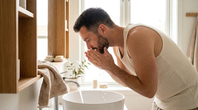 Man washing face at bathroom sink, wearing white tank top in bright modern interior with wooden shelf, towel and natural light