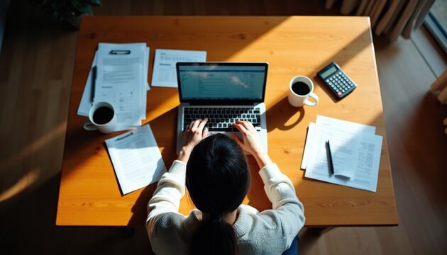 Woman types on laptop with documents scattered across wooden desk. Coffee cup and calculator nearby. Sunlit workspace, productive atmosphere. Online job, remote work.