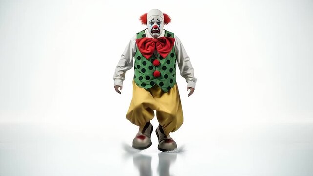 Sad clown with extravagant costume walks alone on a glossy white floor for a show