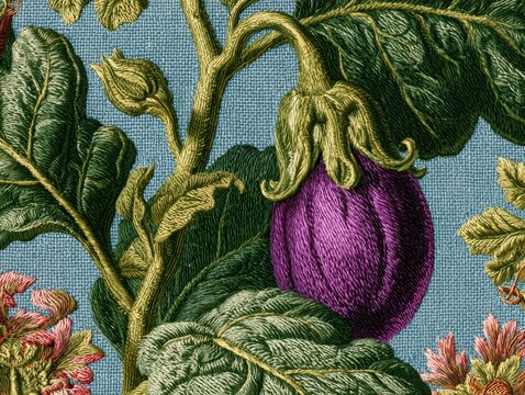 Vibrant Embroidered Aubergine Textile Design with Green Leaves and Flowers