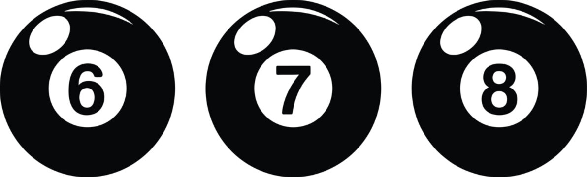 Billiard ball, icon set, black pool balls including number 8 with glossy reflections for sports games and recreation themes