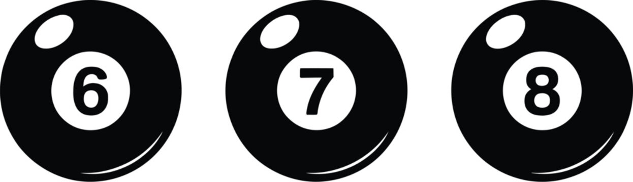 Billiard ball icon set, realistic black pool balls with number 8 symbol for cue sports gaming and entertainment design