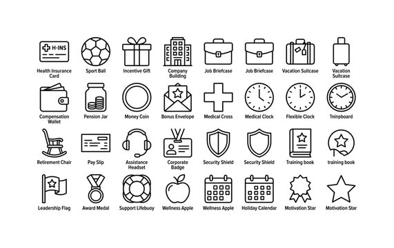 Workplace Benefits Pack. Line icon set of Employee Benefits: health insurance card, sport ball, incentive gift, company building, job briefcase, vacation suitcase, compensation wallet, pension jar,