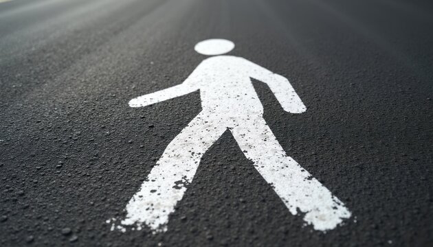 White pedestrian symbol on dark asphalt road signals safe crossing zone. Urban street marking indicates designated path for people to walk safely across traffic.