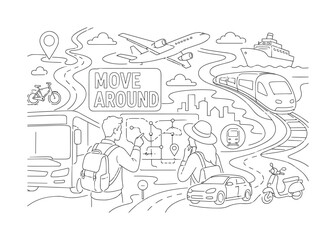 Obraz premium Transport Vehicle Collection. Clean one-line drawing banner composition showing oversized road, airplane, and train route flowing across the full canvas, 2 travelers choosing transport types on a