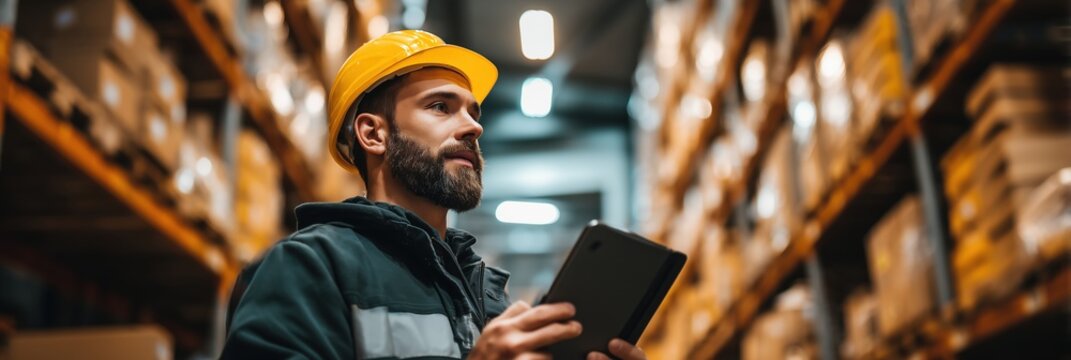 Young bearded man in yellow hard hat holding digital tablet checking inventory in warehouse, logistics and supply chain management concept