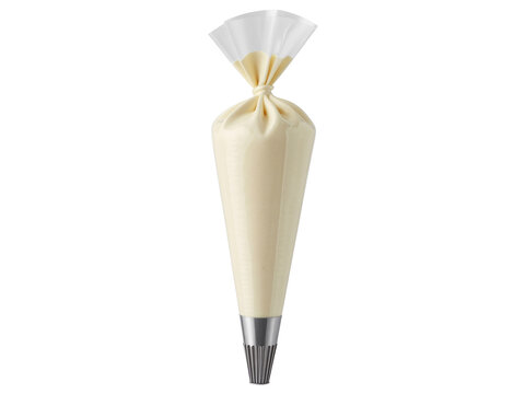 Pastry piping bag with white cream frosting and metal nozzle isolated on white background