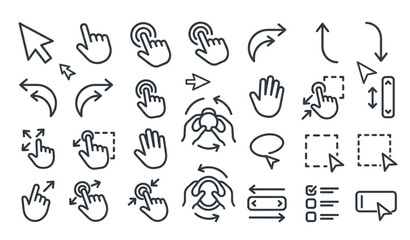 Fototapeta premium Cursor and touch gesture outline icon set click drag swipe editable stroke vector