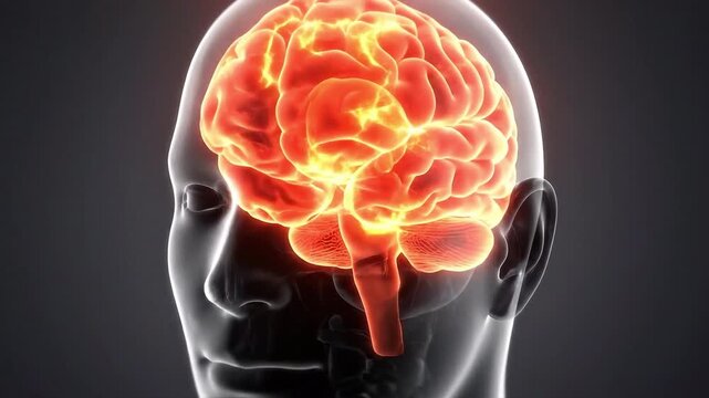 3D medical illustration of a glowing human brain inside a head. Suitable for medicine, science, education, neurology, and biology.