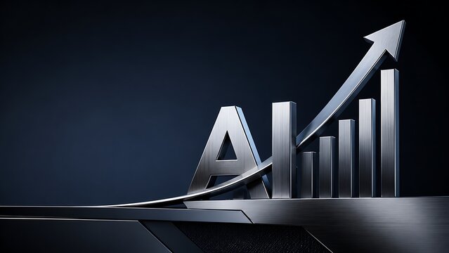 Metallic AI Monogram with Upward Financial Growth Curve on Dark Corporate Background