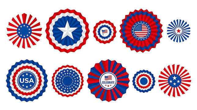 Collection of patriotic american flag themed paper rosettes and circular fans for independence day party decorations on a plain white background