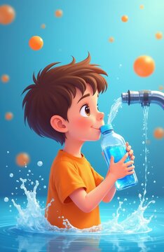 Boy fills bottle from water tap. Child drinks clean liquid from reusable bottle. Refreshing water splashing, pure drink concept. Healthy hydration, thirst quenching.