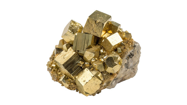 Shiny metallic golden pyrite fool's gold crystal mineral rock cluster isolated on transparent background