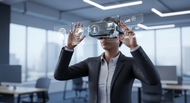 Businesswoman in suit using VR headset interacting with futuristic holographic interface in office
