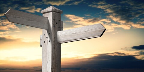 Wooden signpost with two arrows and sky in background - 3D illustration © PX Media