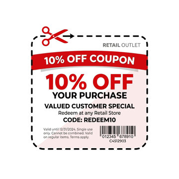 Ten percent off discount coupon voucher with scissors icon