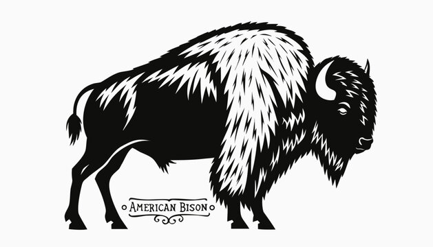 Very beautiful black-and-white engraved vector illustration featuring an American bison with thick fur textures, powerful form, and a decorative engraved label reading "AMERICAN BISON", isolated on wh