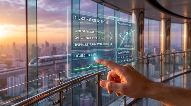Curated itinerary selection on futuristic transparent display by human hand using AI travel insights and smart navigation dashboard