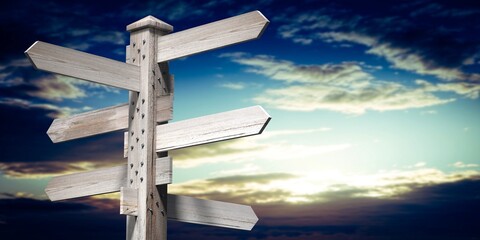 Wooden signpost with six arrows and sky in background - 3D illustration © PX Media