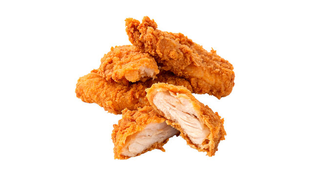 Pile of crispy golden fried chicken nuggets or tenders strips isolated on transparent background