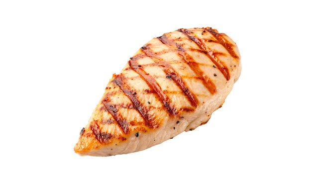 Juicy grilled chicken breast fillet with dark golden char marks isolated on transparent background