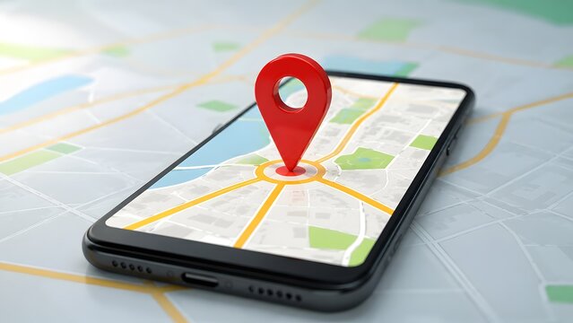 Red location pin hovering over smartphone screen displaying digital city map for GPS navigation and route planning