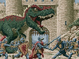 Obraz premium Fantasy Battle Handcraft: Knights Fight Monster Near Castle, Cross Stitch Art