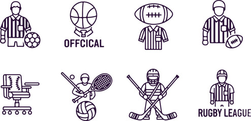Naklejka premium Set of sport icons including referee, basketball, rugby, tennis and hockey equipment.