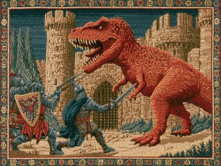 Fototapeta premium Ancient Battle: Knights Confront a Large Red Creature Before Castle Wall
