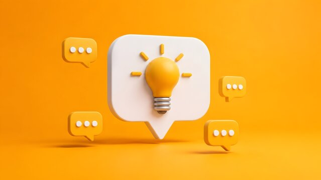 Creative idea concept with yellow lightbulb inside speech bubble surrounded by chat icons representing brainstorming and communication
