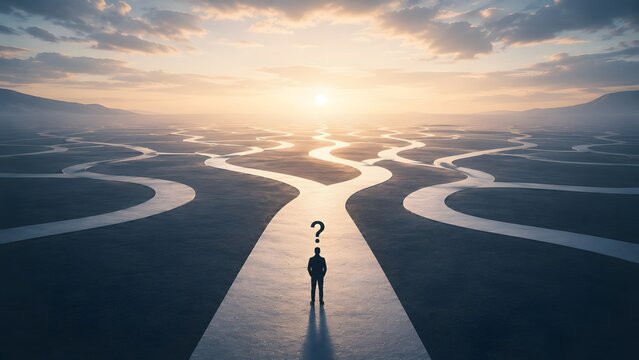 Businessman standing before multiple winding paths with question mark representing career choice business strategy and uncertain future