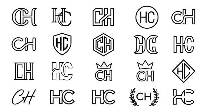 Collection of 16 monogram logos featuring 'ch' and 'hc' initials
