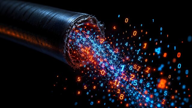 Glowing digital numbers emerging from severed fiber optic cable representing high speed data transfer and telecommunication network