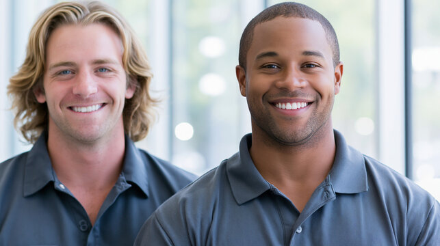 Retrato de dos instaladores de ventanas profesionales sonriendo en el trabajo

