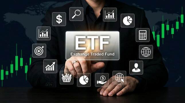 Businessman touching ETF Exchange Traded Fund icon on virtual screen stock market