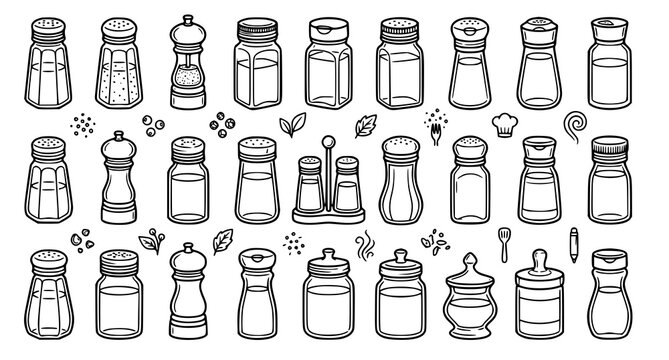 Collection of hand drawn salt and pepper shakers and condiment bottles