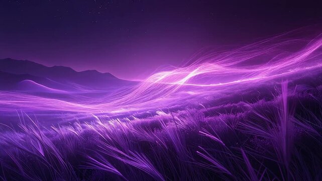 Soft glowing threads moving slowly over deep violet atmosphere with smooth luminous background depth