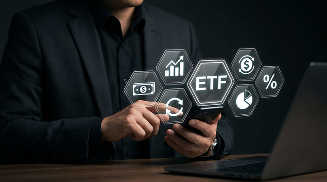 Businessman investing in ETF exchange traded funds using smartphone and laptop