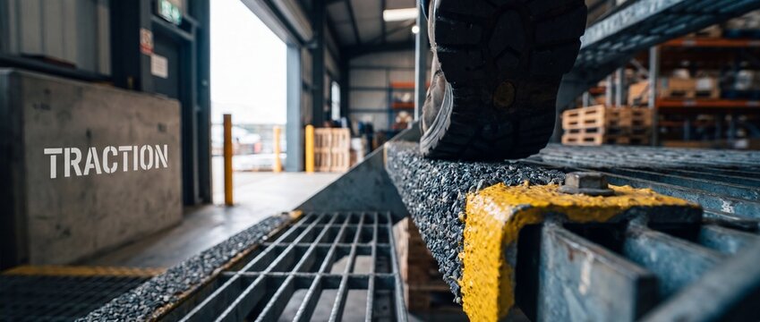 Work boot safety tread stepping on anti-slip grip surface in warehouse for industrial occupational health and safety, preventing slip trip fall accidents with caution. Heavy duty industrial gear.