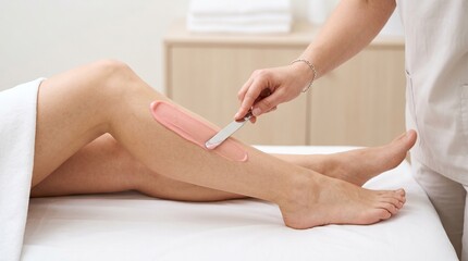 Fototapeta premium Esthetician applying pink wax on leg of woman in spa. Cosmetologist performing hair removal procedure. Professional depilation service for smooth skin beauty and body care treatment.
