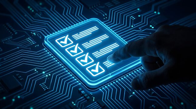 Finger selecting digital checklist on glowing circuit board representing automated compliance smart contract and network security audit