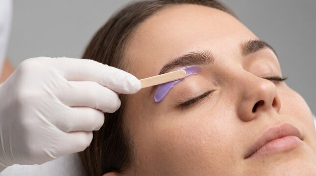 Cosmetologist applying purple wax on eyebrow of young woman with wooden spatula. Professional eyebrow shaping and depilation procedure in beauty salon. Facial hair removal treatment.