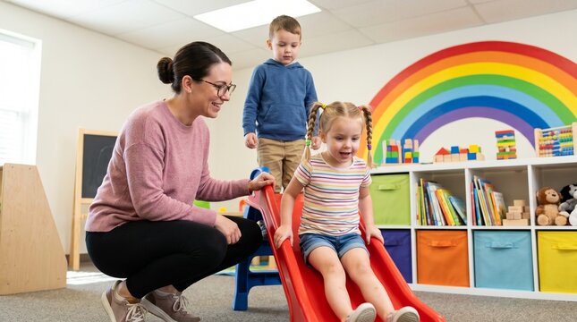 Kindergarten teacher supervising girl sliding on small plastic slide. Preschool educator helping children playing in colorful daycare room. Early childhood development and education concept.