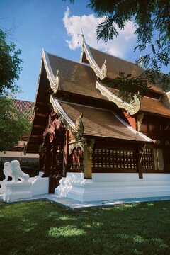 Beautiful traditional wooden Lanna vihara at Wat Phra Singh in Chiang Mai, Thailand